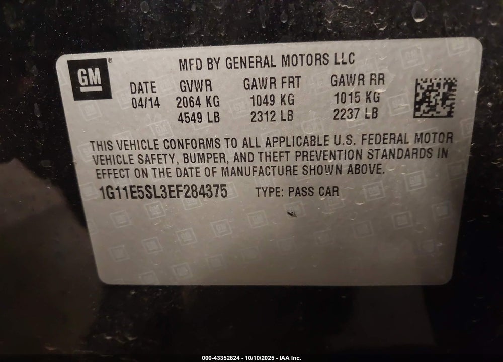 2014 CHEVROLET MALIBU VIN: 1G11E5SL3EF284375
