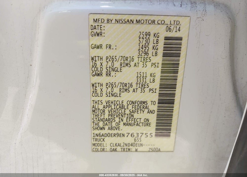 2014 NISSAN FRONTIER VIN: 1N6AD0ER9EN763755