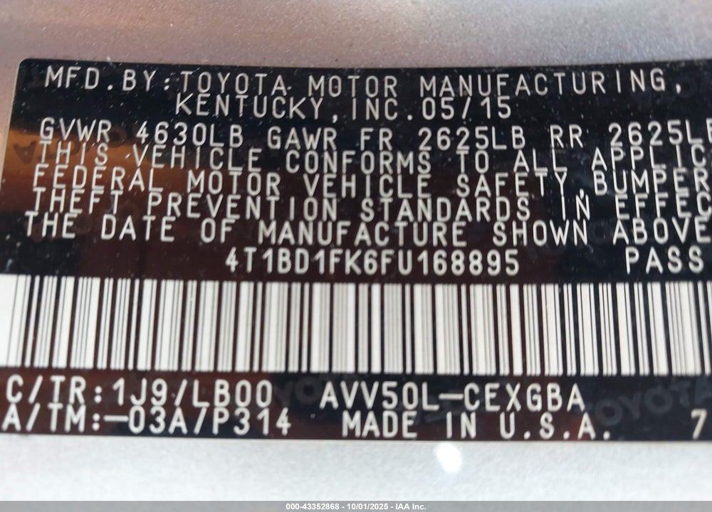 2015 TOYOTA CAMRY HYBRID VIN: 4T1BD1FK6FU168895