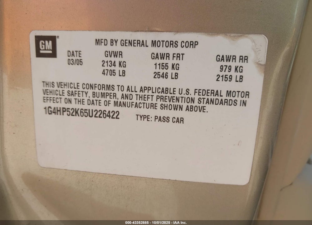 2005 BUICK LESABRE CUSTOM VIN: 1G4HP52K65U226422