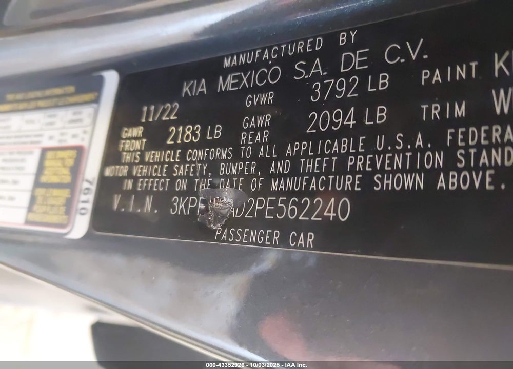 2023 KIA FORTE LXS VIN: 3KPF24AD2PE562240