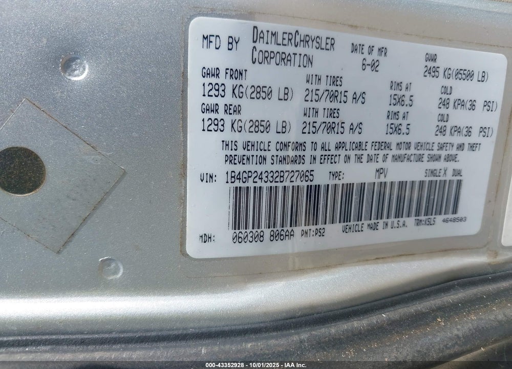 2002 DODGE GRAND CARAVAN SE VIN: 1B4GP24332B727065