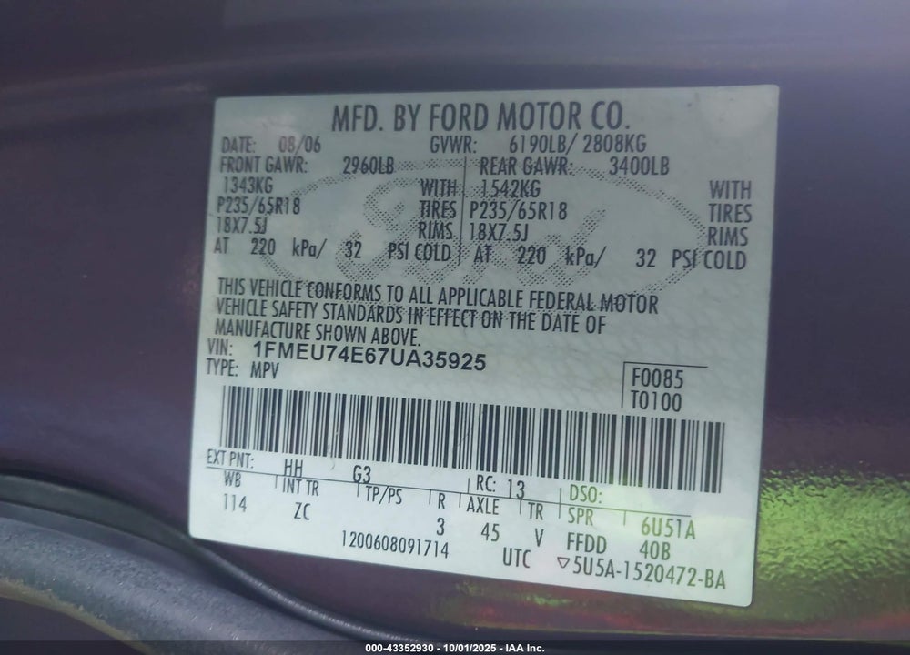 2007 FORD EXPLORER VIN: 1FMEU74E67UA35925