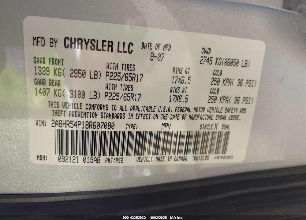 2008 CHRYSLER TOWN & COUNTRY TOURING VIN: 2A8HR54P18R607080