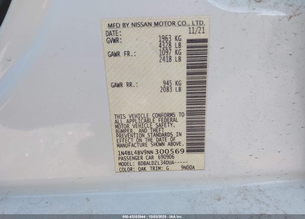 2022 NISSAN ALTIMA S FWD VIN: 1N4BL4BV9NN300569
