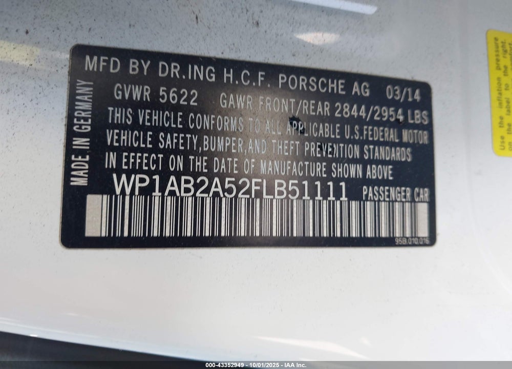 2015 PORSCHE MACAN S VIN: WP1AB2A52FLB51111