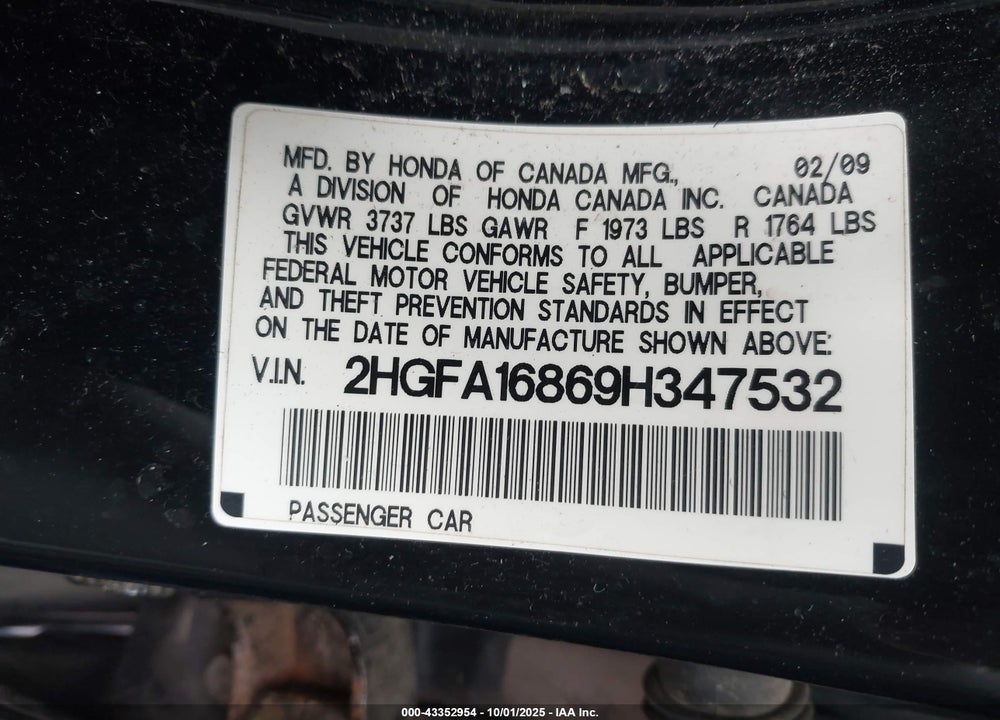 2009 HONDA CIVIC VIN: 2HGFA16869H347532
