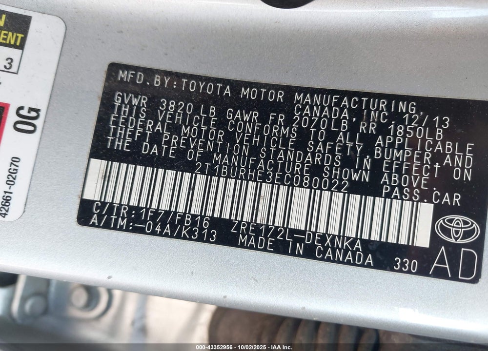 2014 TOYOTA COROLLA LE VIN: 2T1BURHE3EC080022