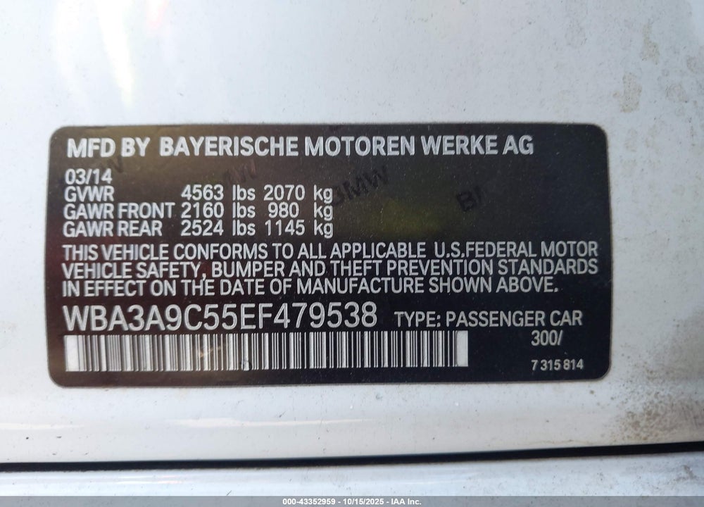 2014 BMW 335I VIN: WBA3A9C55EF479538