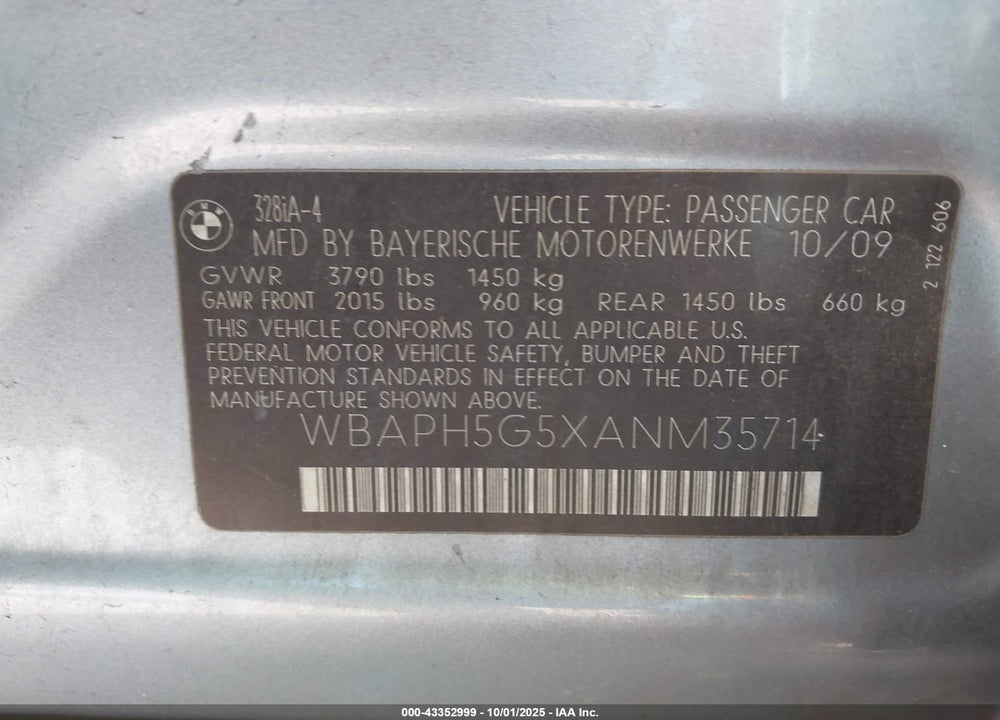 2010 BMW 3 SERIES VIN: WBAPH5G5XANM35714
