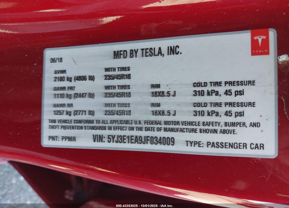 2018 TESLA MODEL 3 VIN: 5YJ3E1EA9JF034009