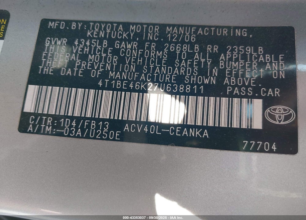 2007 TOYOTA CAMRY LE VIN: 4T1BE46K27U638811