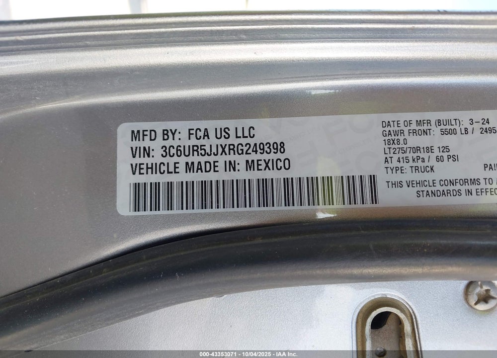 2024 RAM 2500 BIG HORN 4X4 8' BOX VIN: 3C6UR5JJXRG249398
