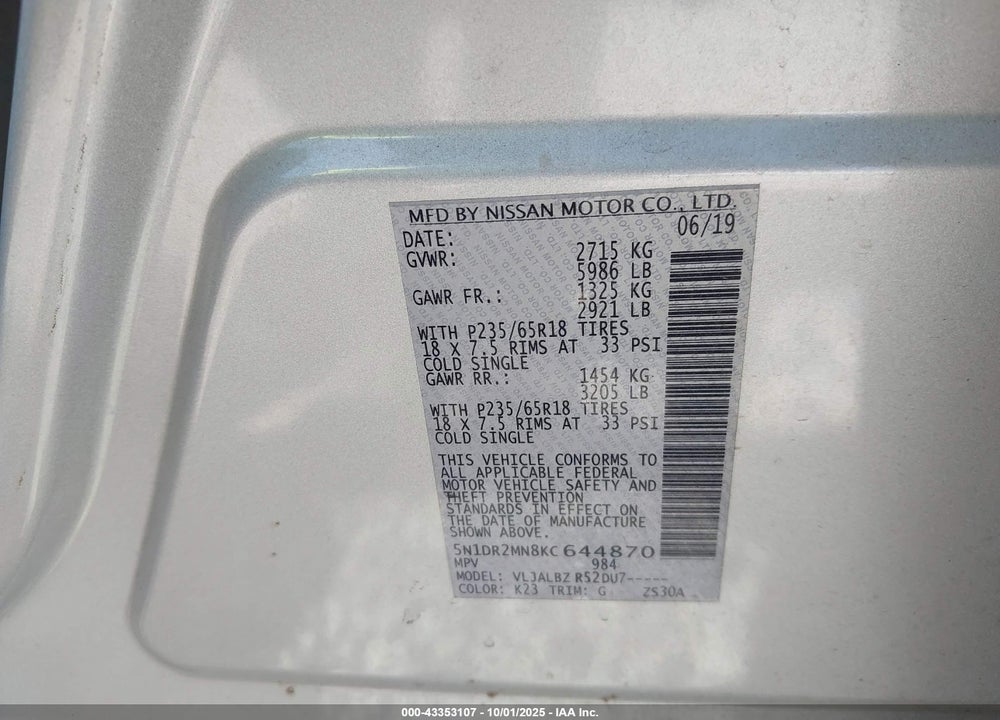 2019 NISSAN PATHFINDER S VIN: 5N1DR2MN8KC644870