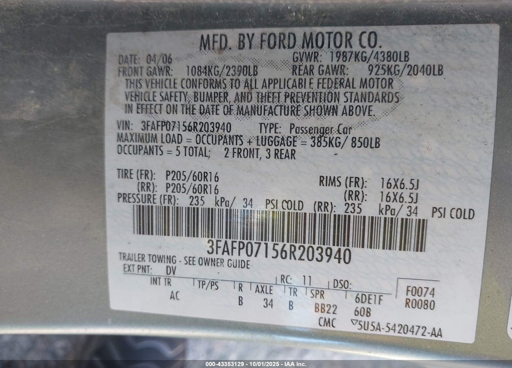 2006 FORD FUSION SE VIN: 3FAFP07156R203940