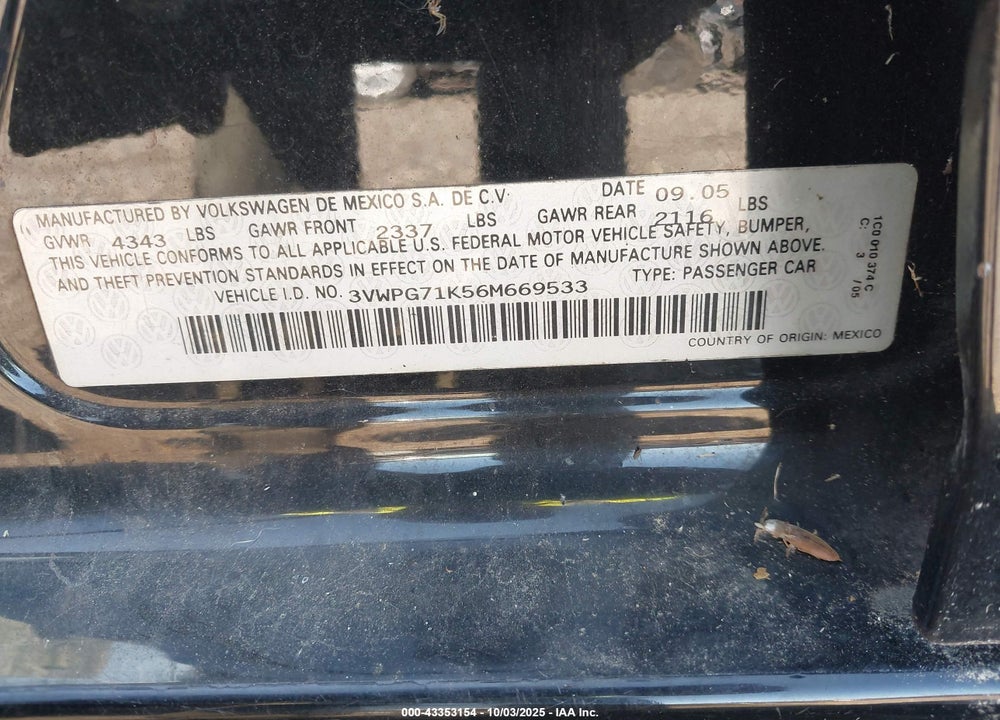 2006 VOLKSWAGEN JETTA VALUE EDITION VIN: 3VWPG71K56M669533