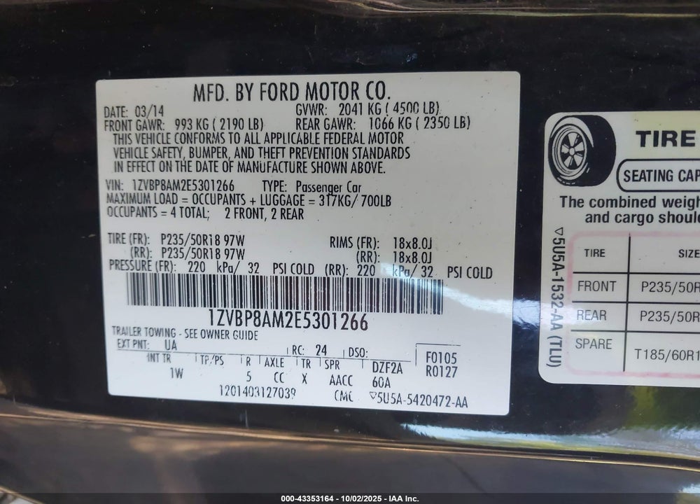 2014 FORD MUSTANG VIN: 1ZVBP8AM2E5301266