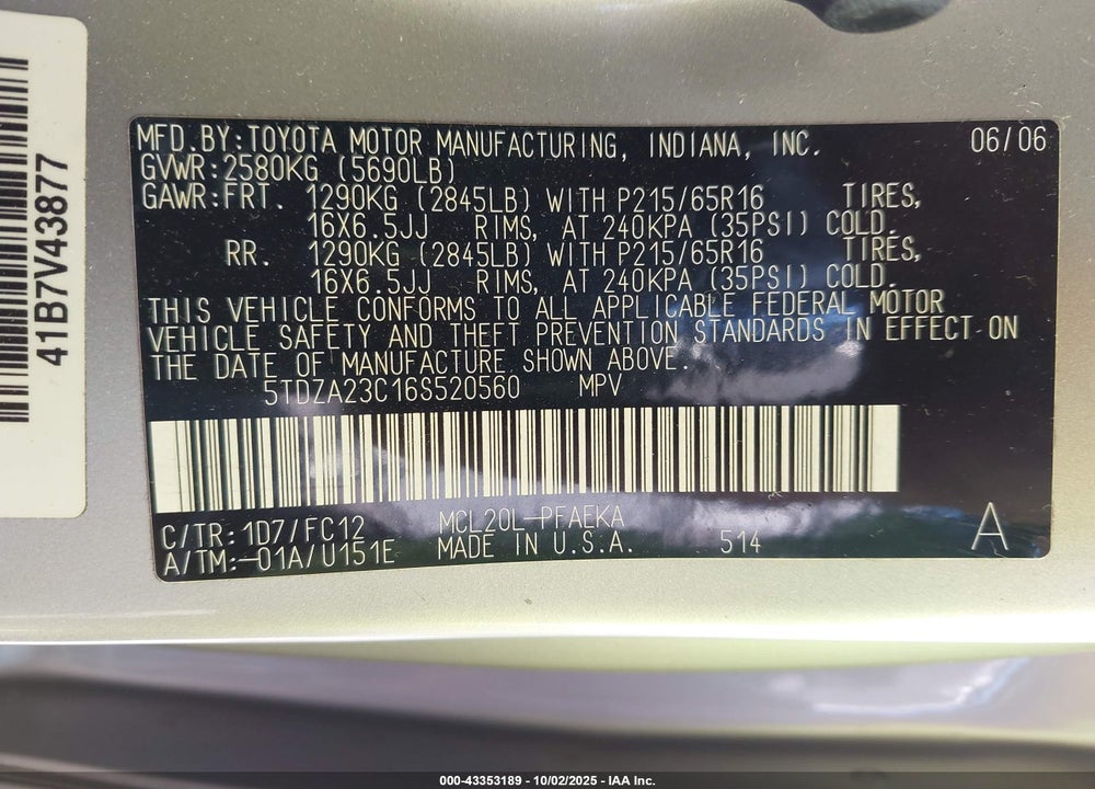 2006 TOYOTA SIENNA LE VIN: 5TDZA23C16S520560