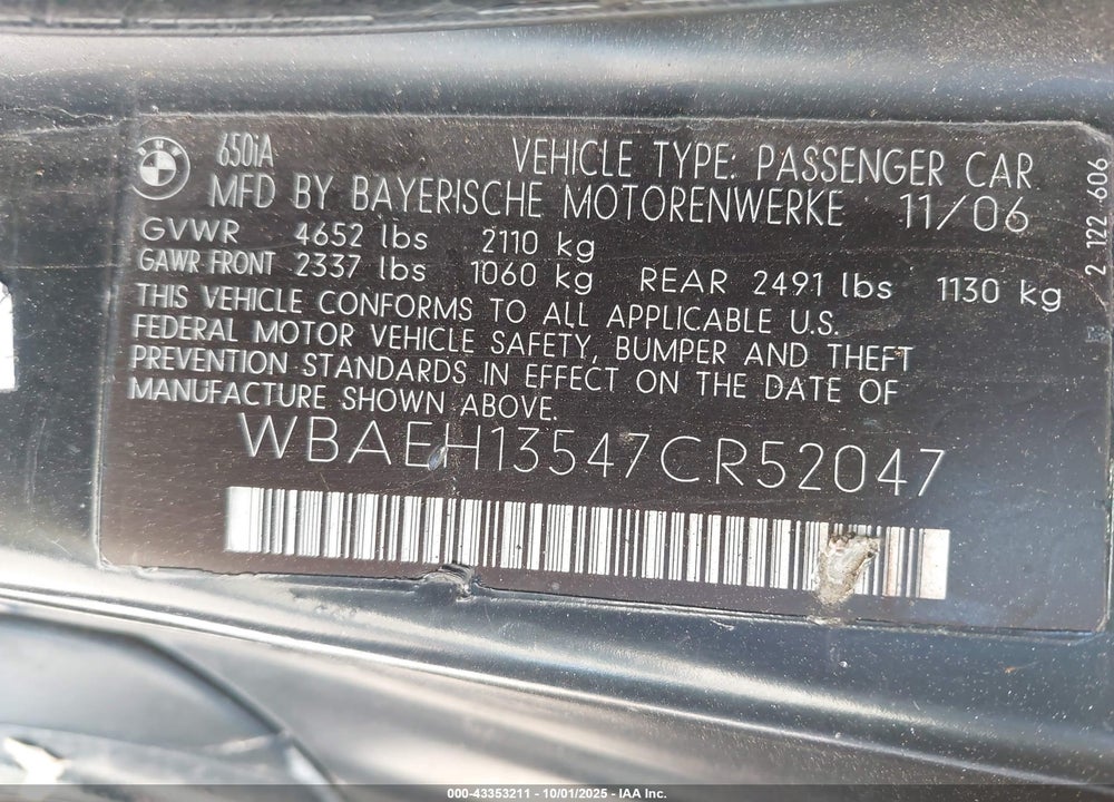 2007 BMW 650I VIN: WBAEH13547CR52047