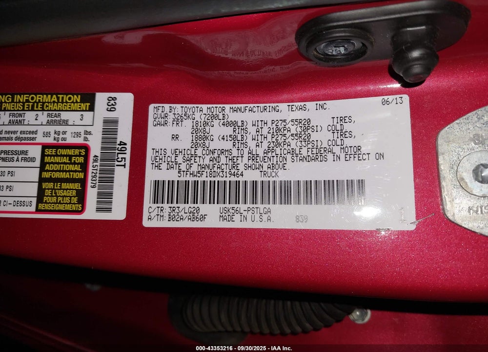 2013 TOYOTA TUNDRA PLATINUM 5.7L V8 VIN: 5TFHW5F18DX319464