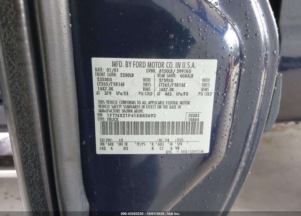 2001 FORD F-250 LARIAT/XL/XLT VIN: 1FTNX21F41EB82693
