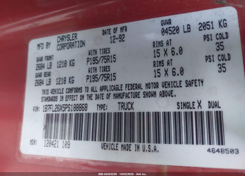1993 DODGE DAKOTA VIN: 1B7FL26X5PS188868