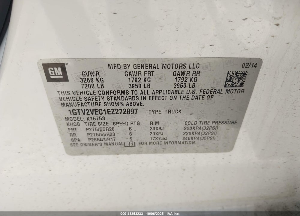 2014 GMC SIERRA 1500 SLT VIN: 1GTV2VEC1EZ272897