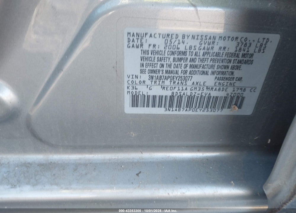 2014 NISSAN SENTRA FE+ S/FE+ SV/S/SL/SR/SV VIN: 3N1AB7AP0EY253077