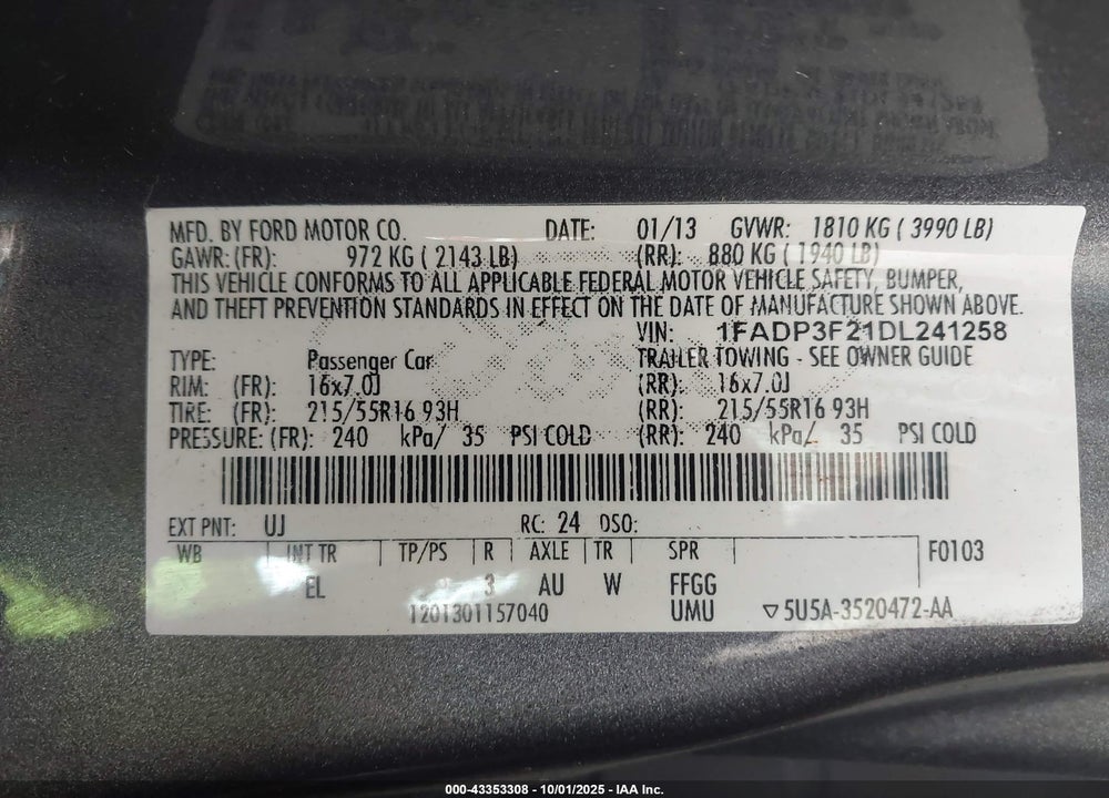 2013 FORD FOCUS VIN: 1FADP3F21DL241258