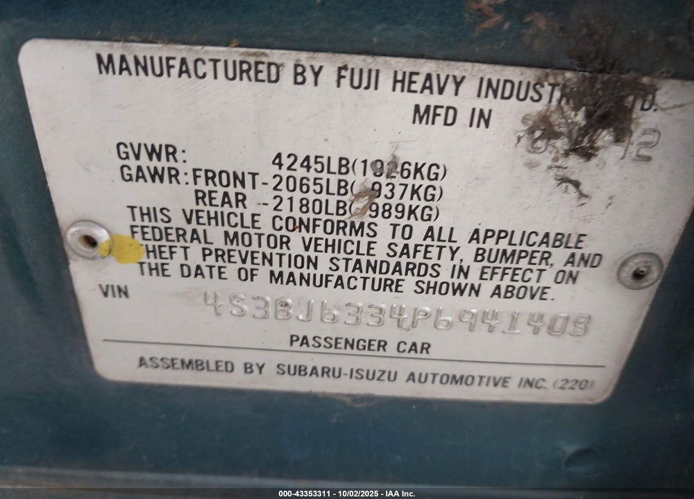 1993 SUBARU LEGACY L VIN: 4S3BJ6334P6941408