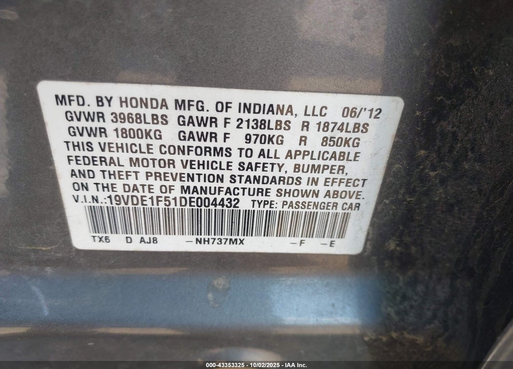 2013 ACURA ILX VIN: 19VDE1F51DE004432