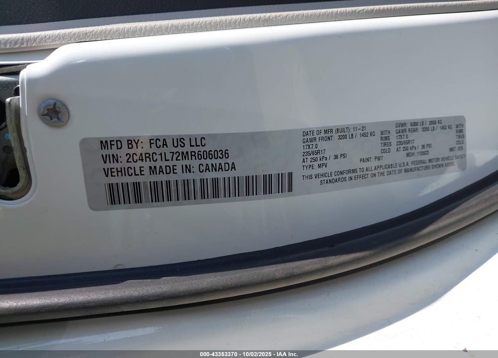 2021 CHRYSLER PACIFICA HYBRID TOURING L VIN: 2C4RC1L72MR606036