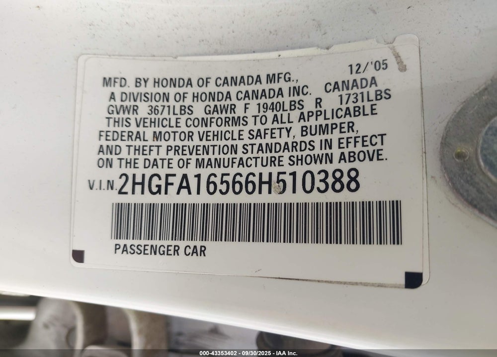2006 HONDA CIVIC VIN: 2HGFA16566H510388