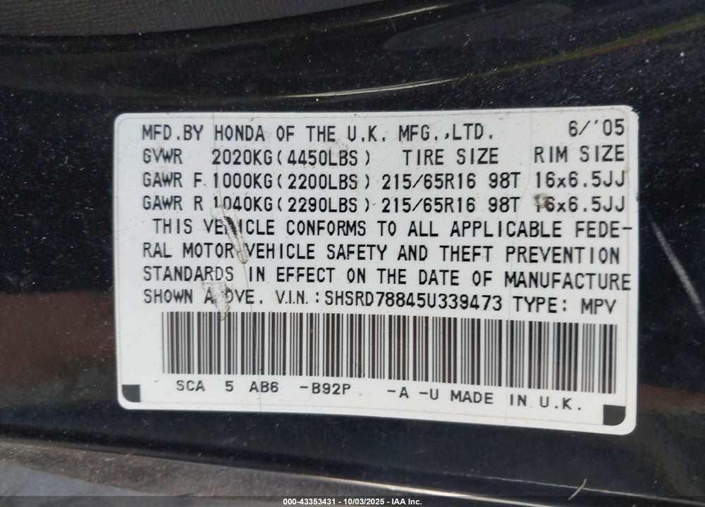 2005 HONDA CR-V EX VIN: SHSRD78845U339473