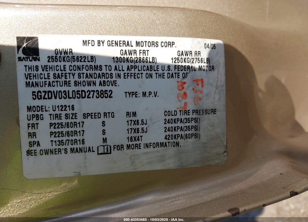 2005 SATURN RELAY FWD VIN: 5GZDV03L05D273852