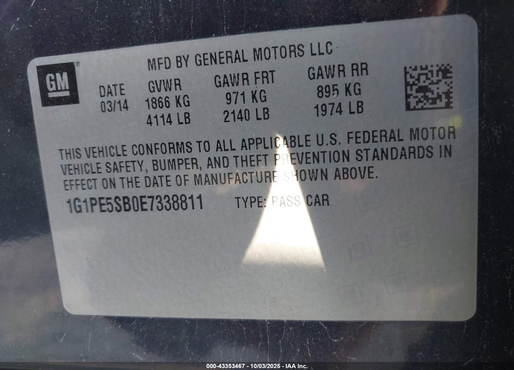 2014 CHEVROLET CRUZE VIN: 1G1PE5SB0E7338811