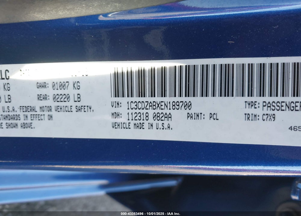 2014 DODGE AVENGER VIN: 1C3CDZABXEN189700