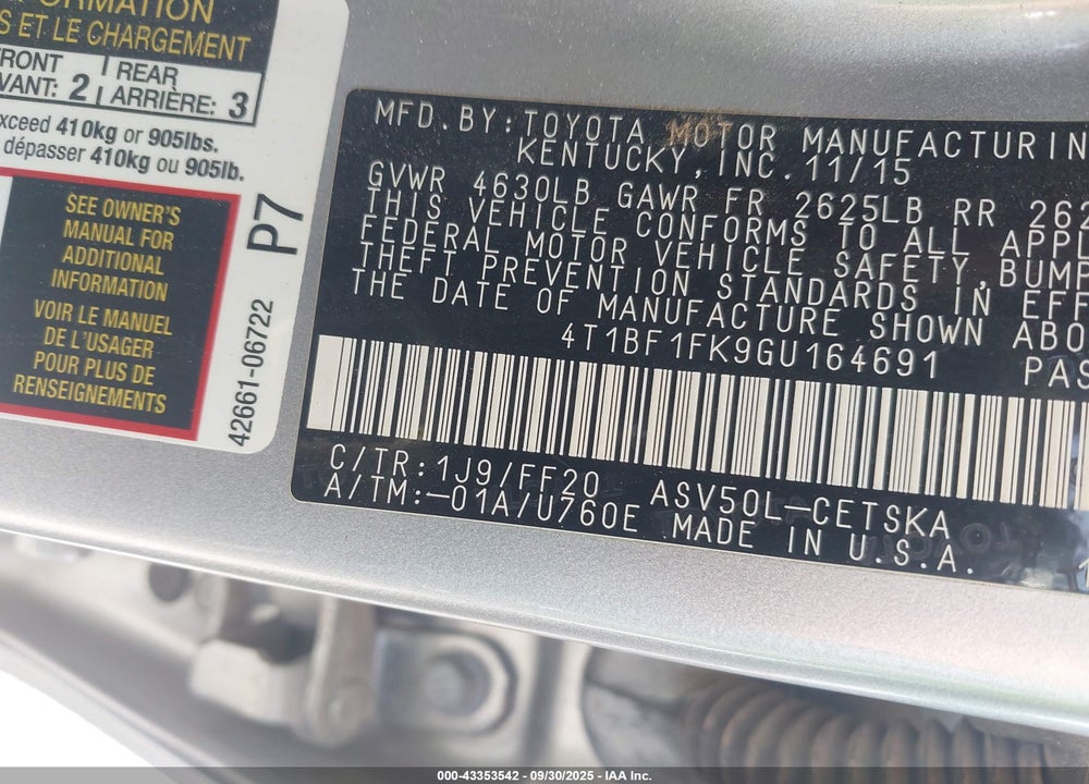 2016 TOYOTA CAMRY SE VIN: 4T1BF1FK9GU164691
