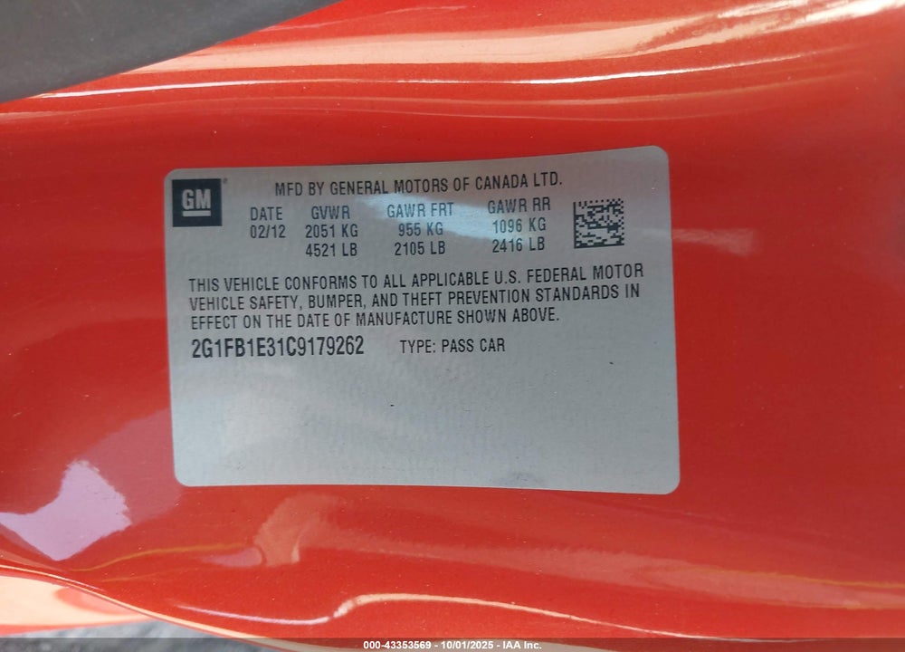 2012 CHEVROLET CAMARO VIN: 2G1FB1E31C9179262