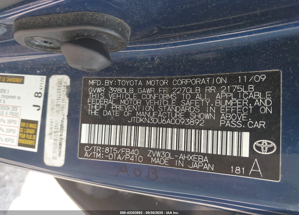 2010 TOYOTA PRIUS II VIN: JTDKN3DU6A0093892