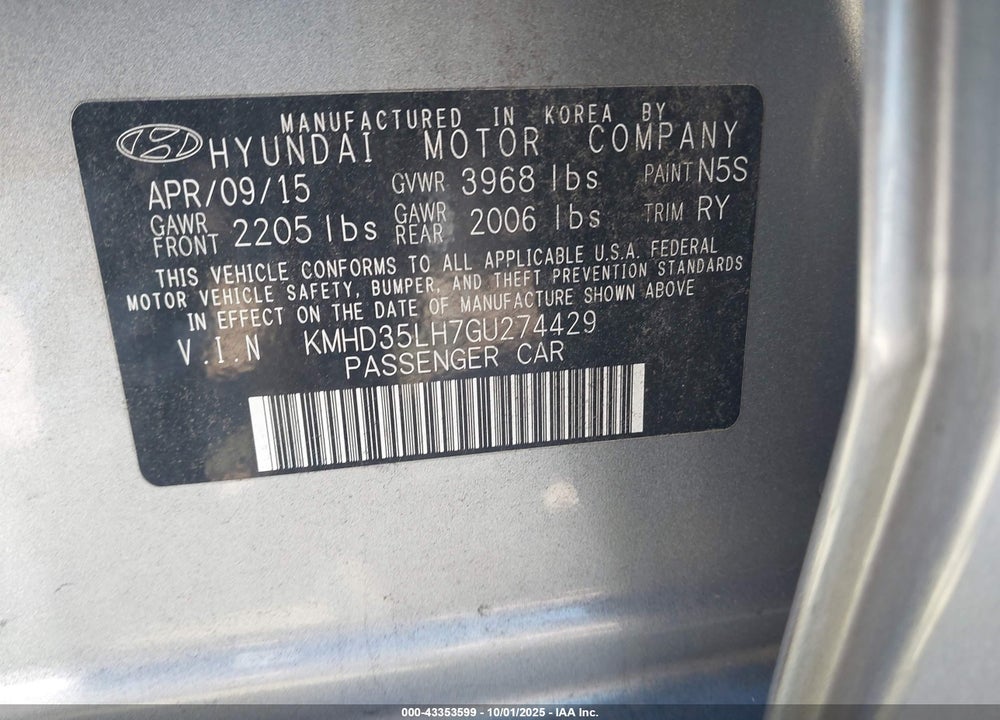 2016 HYUNDAI ELANTRA VIN: KMHD35LH7GU274429