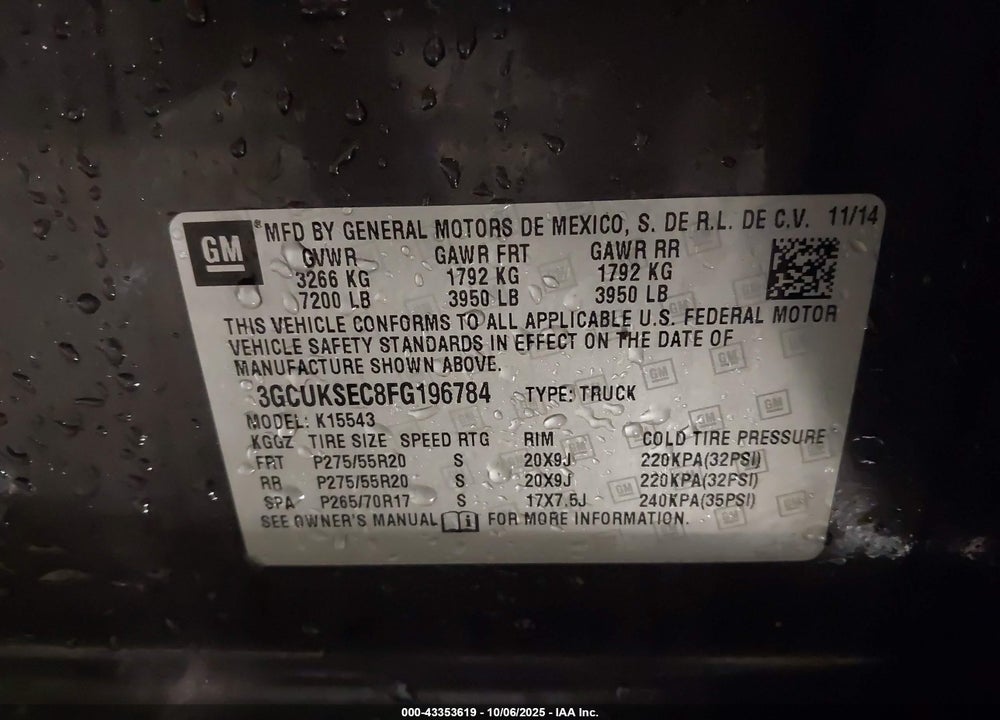 2015 CHEVROLET SILVERADO 1500 VIN: 3GCUKSEC8FG196784