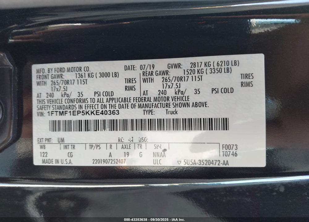 2019 FORD F-150 XL VIN: 1FTMF1EP5KKE40363