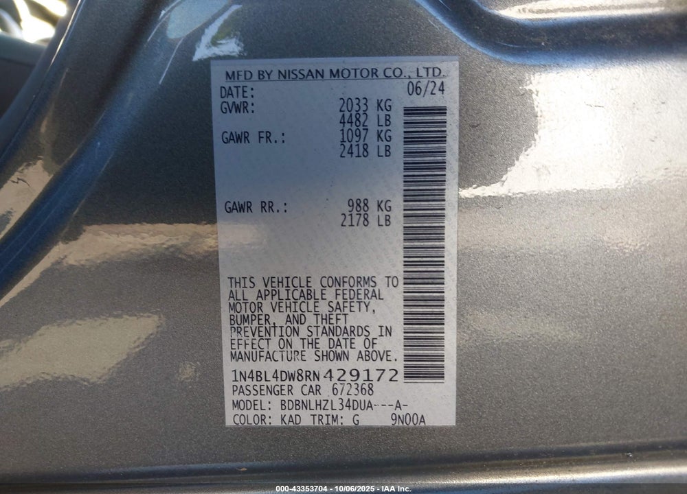 2024 NISSAN ALTIMA SV INTELLIGENT AWD VIN: 1N4BL4DW8RN429172