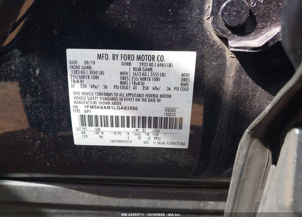 2020 FORD POLICE INTERCEPTOR VIN: 1FM5K8AB1LGA83556