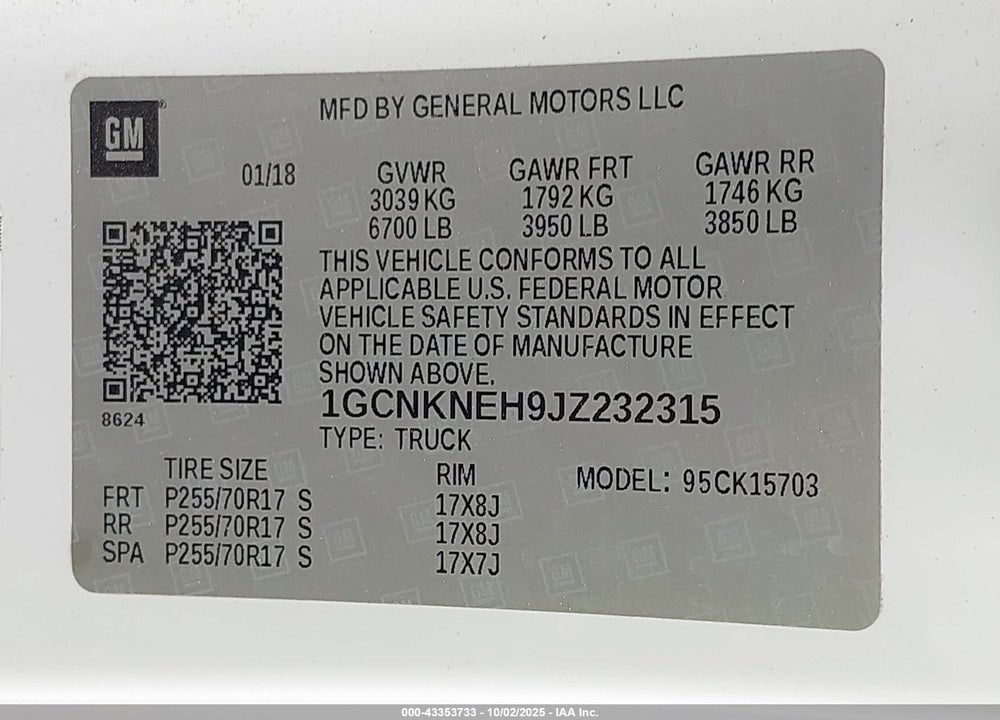 2018 CHEVROLET SILVERADO 1500 VIN: 1GCNKNEH9JZ232315