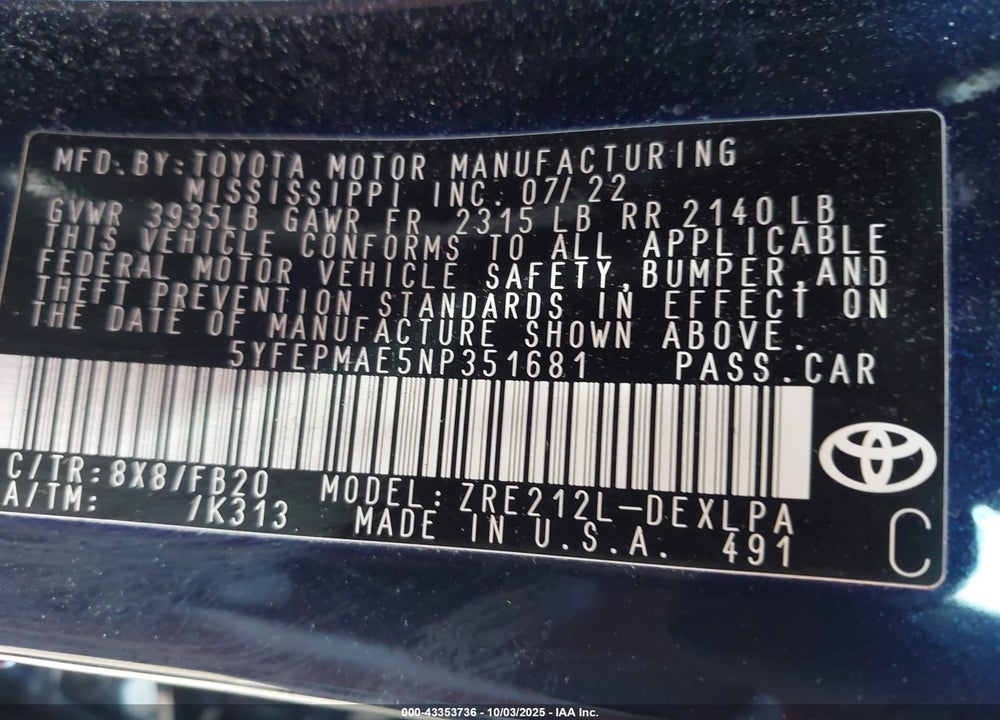 2022 TOYOTA COROLLA VIN: 5YFEPMAE5NP351681