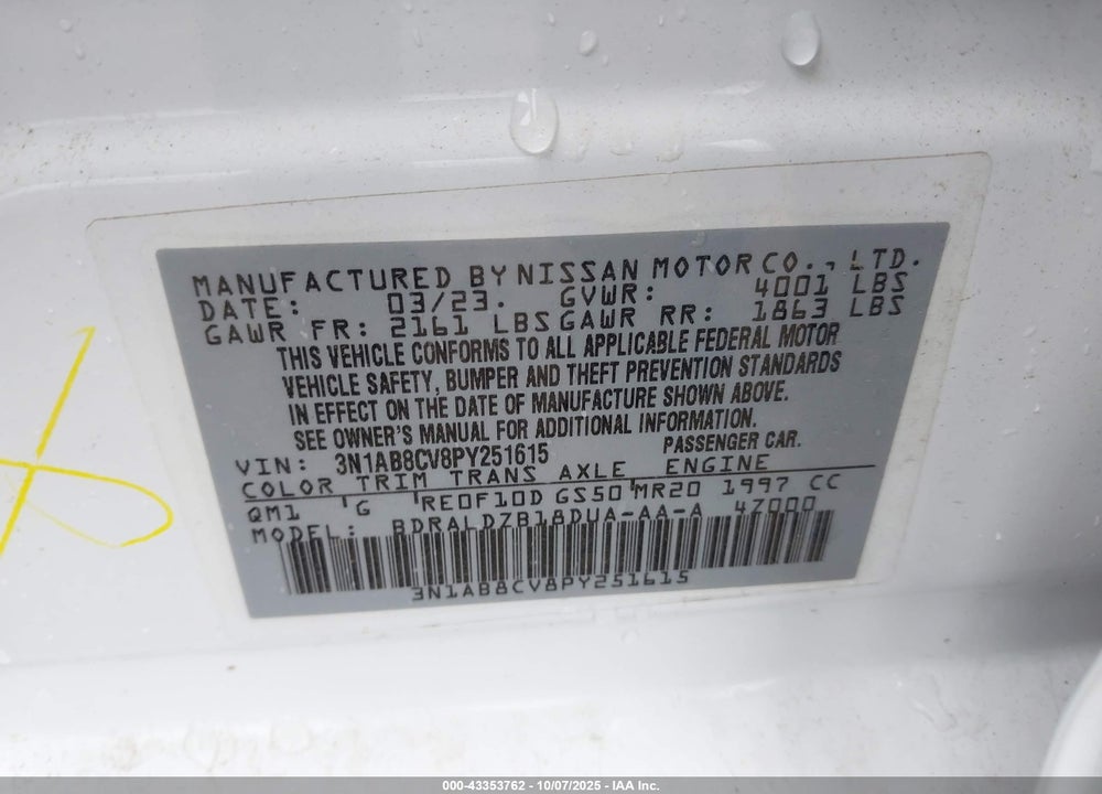 2023 NISSAN SENTRA SV XTRONIC CVT VIN: 3N1AB8CV8PY251615