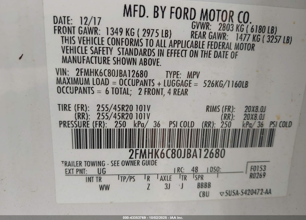 2018 FORD FLEX VIN: 2FMHK6C80JBA12680