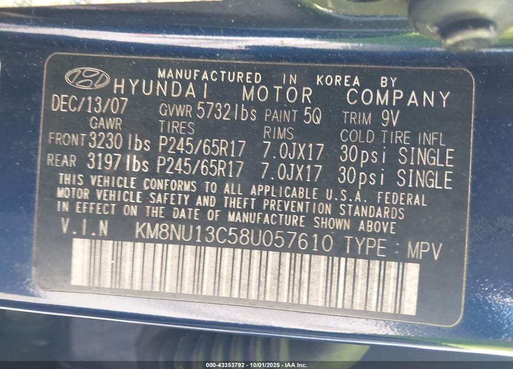 2008 HYUNDAI VERACRUZ VIN: KM8NU13C58U057610